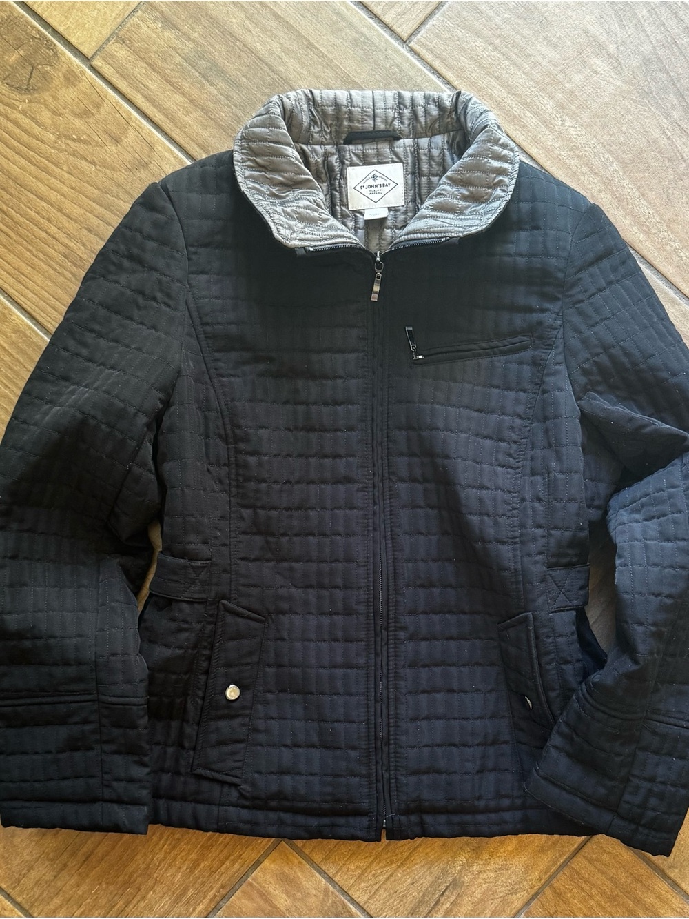 St. John's Bay Black Quilted Jacket with Contrast Tan Collar
